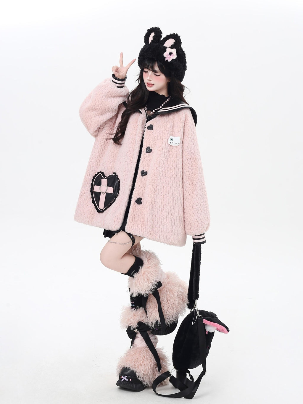 CRAZYGIRL Loose Sailor Collar Lantern Sleeves Women's Lamb Fleece Puffer Jackets