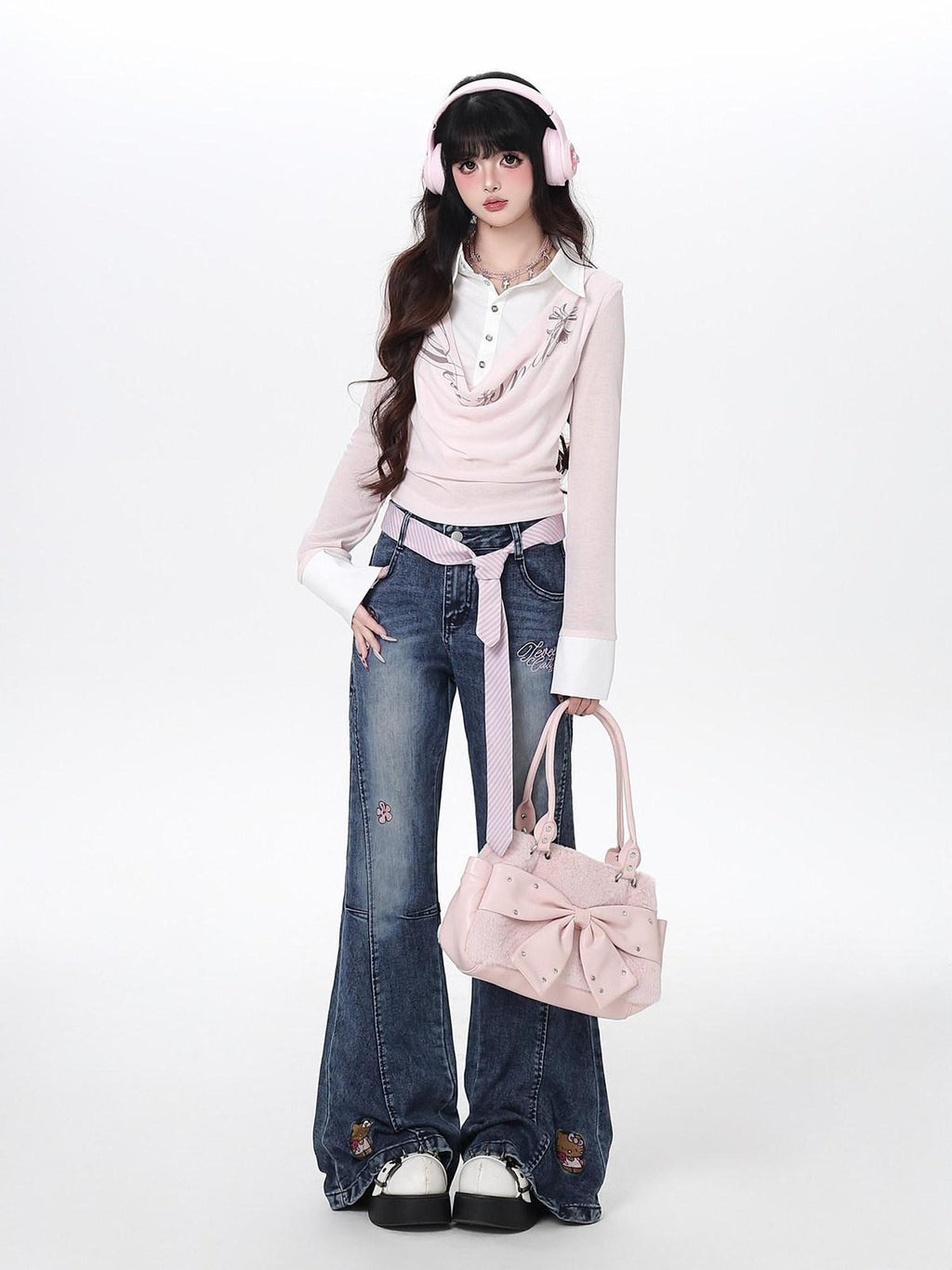 CRAZYGIRL Machine Embroidered Cartoon Animal Slimming Women's Denim Flare Jeans
