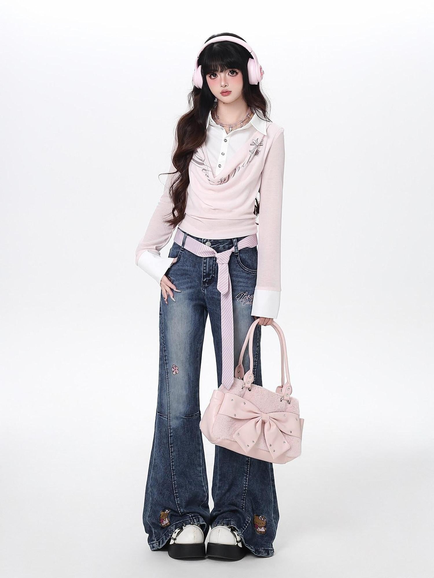 CRAZYGIRL Machine Embroidered Cartoon Animal Slimming Women's Denim Flare Jeans