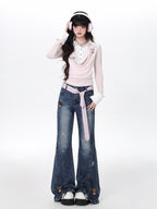 CRAZYGIRL Machine Embroidered Cartoon Animal Slimming Women's Denim Flare Jeans