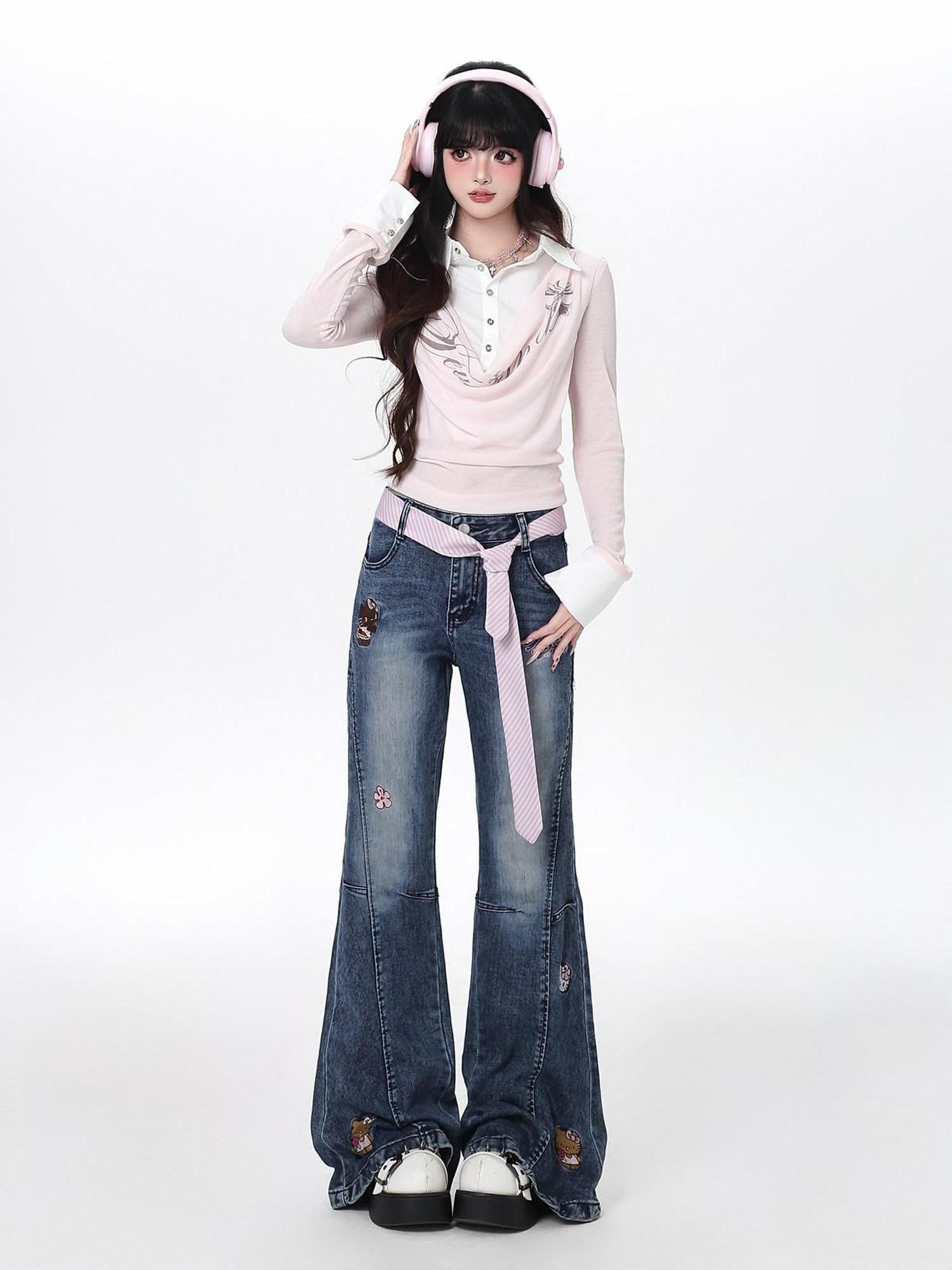 CRAZYGIRL Machine Embroidered Cartoon Animal Slimming Women's Denim Flare Jeans