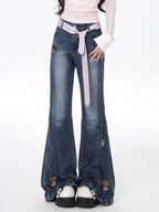 CRAZYGIRL Machine Embroidered Cartoon Animal Slimming Women's Denim Flare Jeans