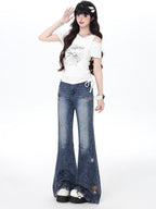 CRAZYGIRL Machine Embroidered Cartoon Animal Slimming Women's Denim Flare Jeans