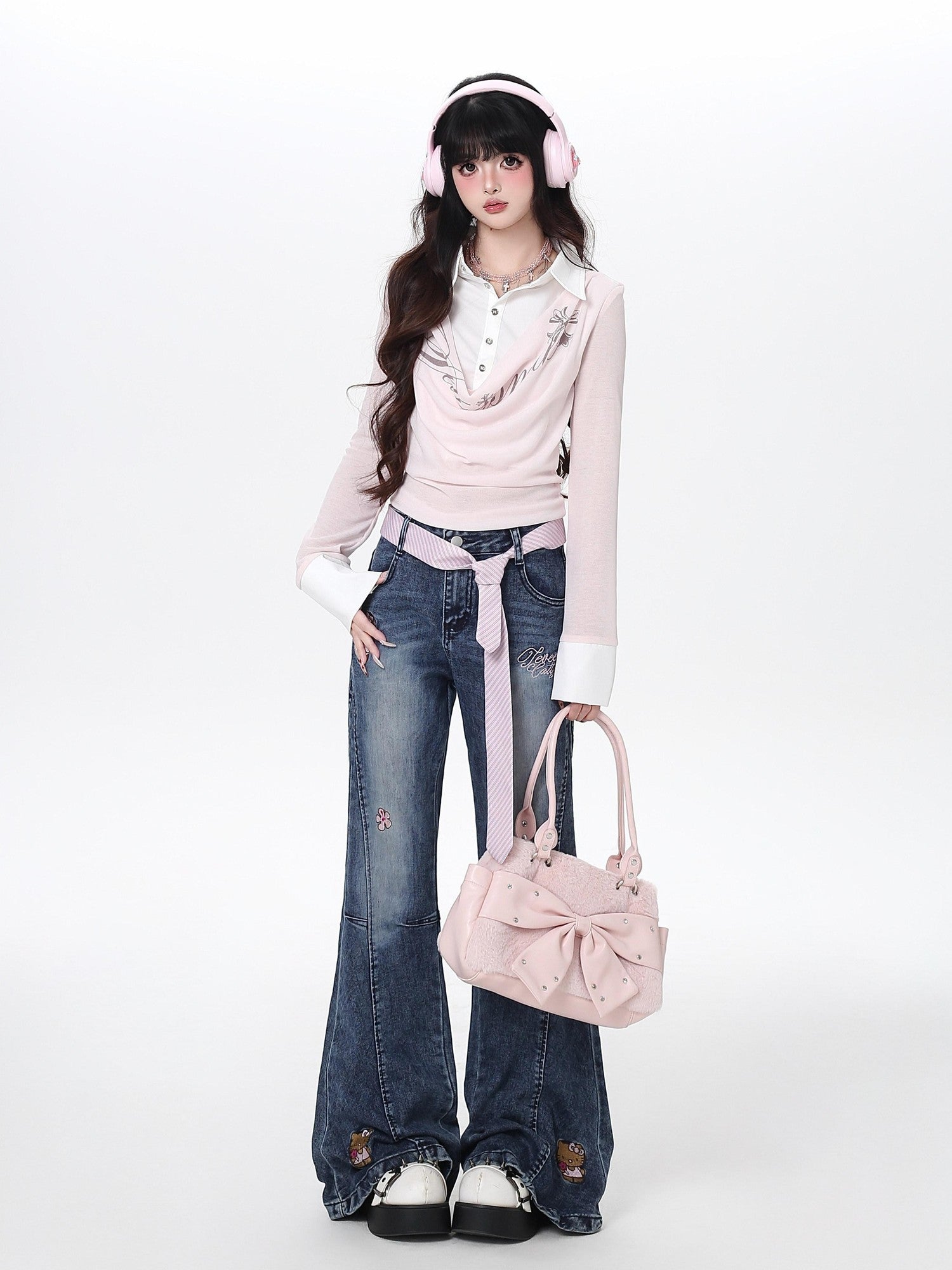CRAZYGIRL Machine Embroidered Cartoon Animal Slimming Women's Denim Flare Jeans