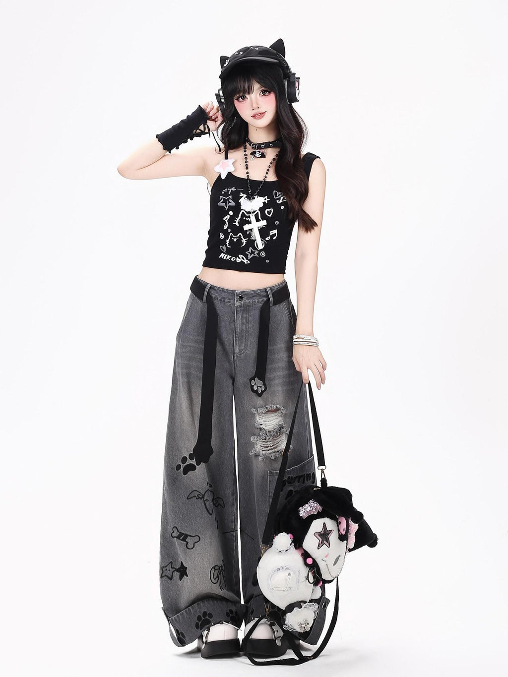 CRAZYGIRL Machine Embroidered Plaid Distressed Loose Fit Women's Denim Straight Jeans