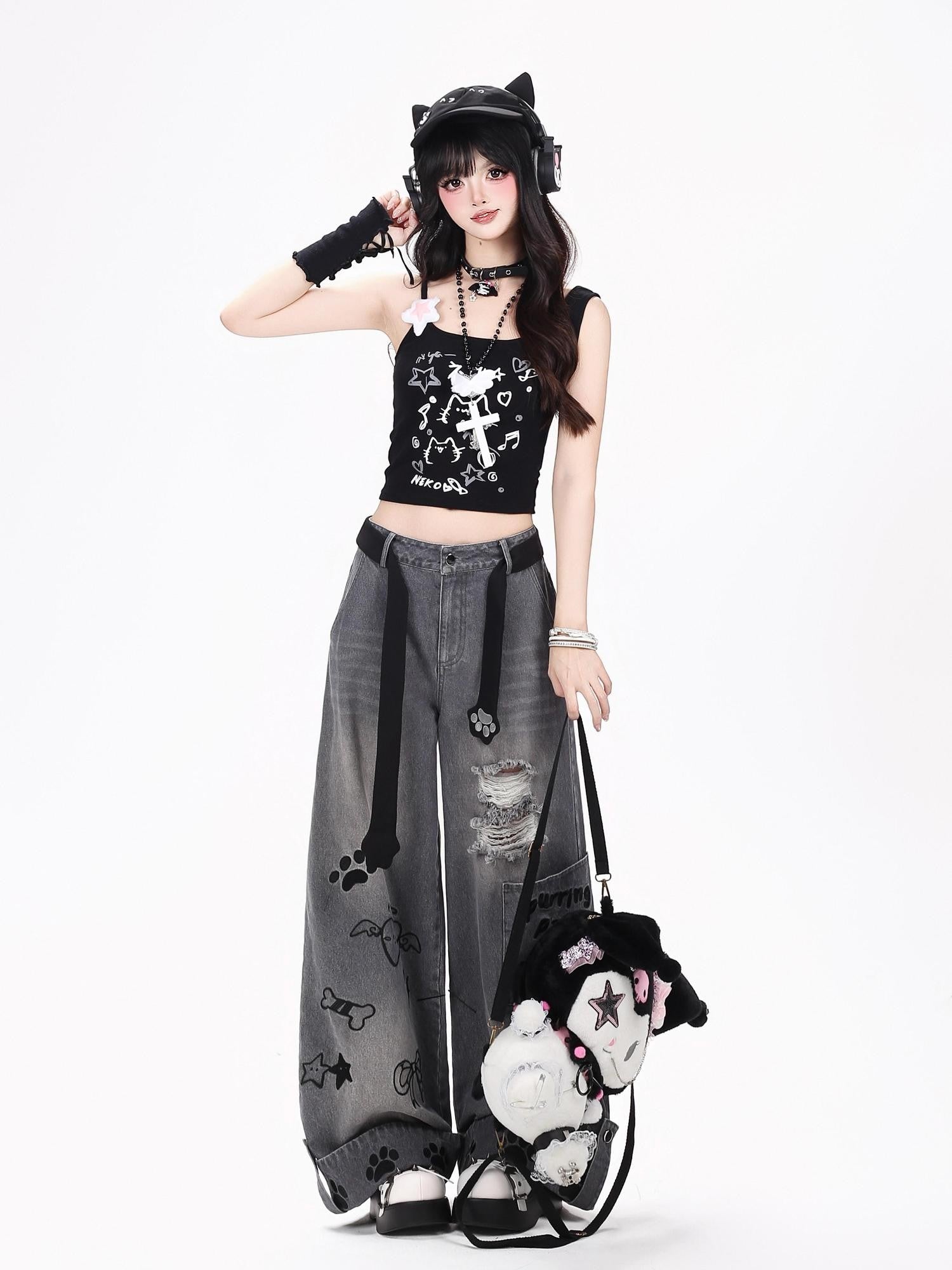 CRAZYGIRL Machine Embroidered Plaid Distressed Loose Fit Women's Denim Straight Jeans