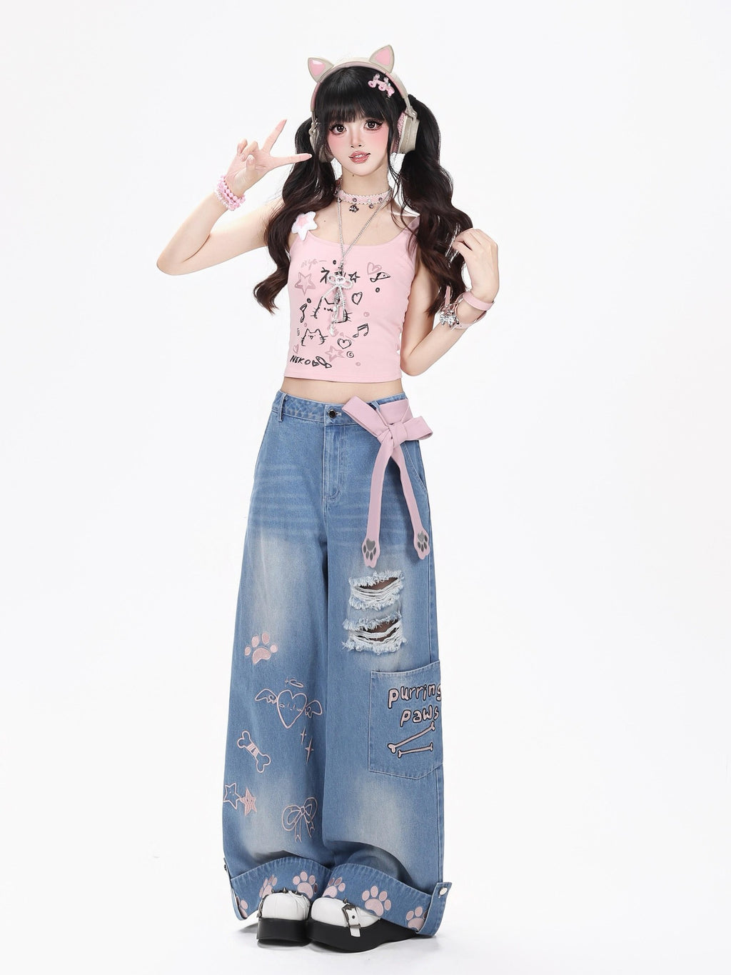CRAZYGIRL Machine Embroidered Plaid Distressed Loose Fit Women's Denim Straight Jeans