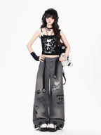 CRAZYGIRL Machine Embroidered Plaid Distressed Loose Fit Women's Denim Straight Jeans