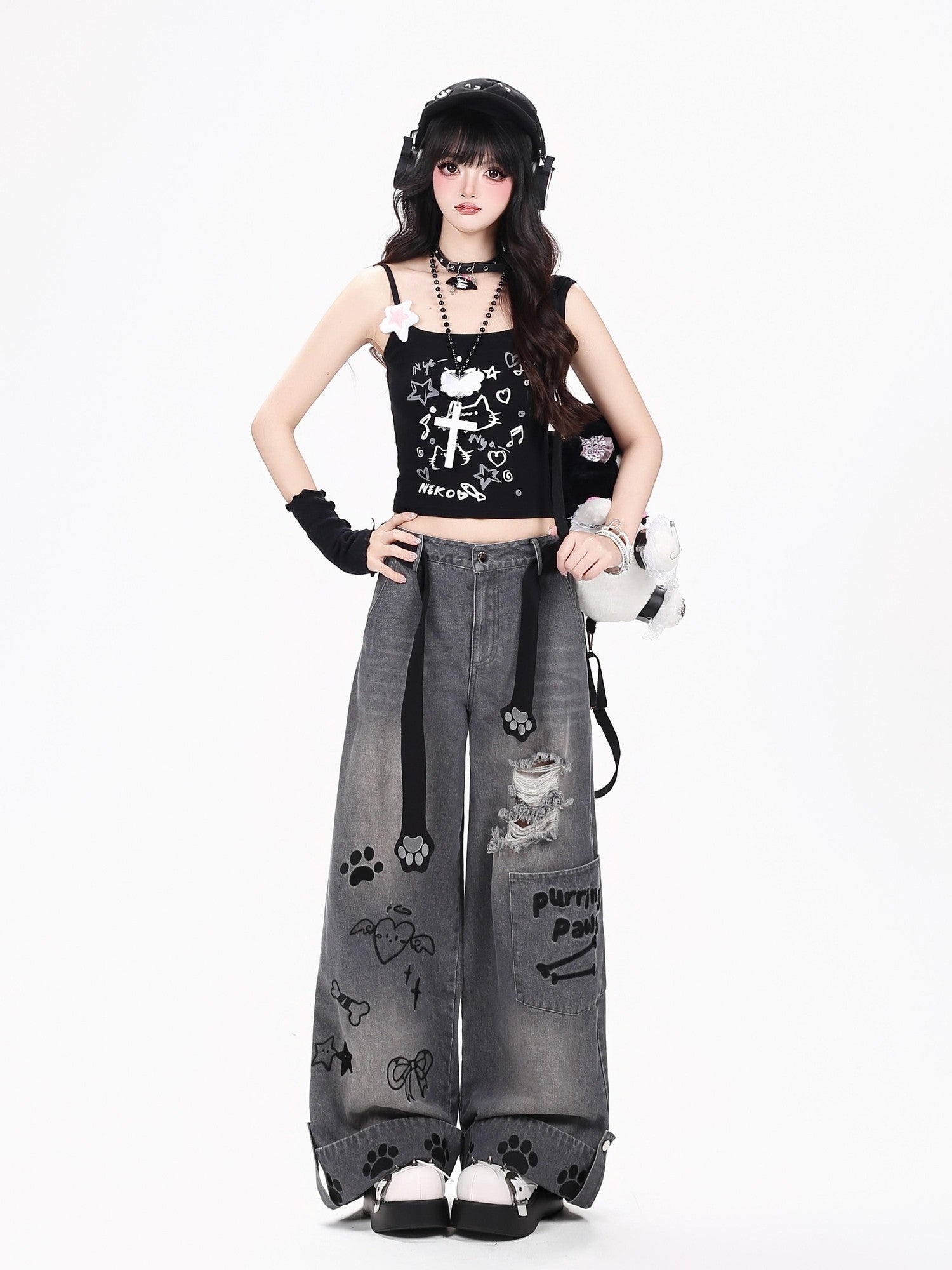 CRAZYGIRL Machine Embroidered Plaid Distressed Loose Fit Women's Denim Straight Jeans