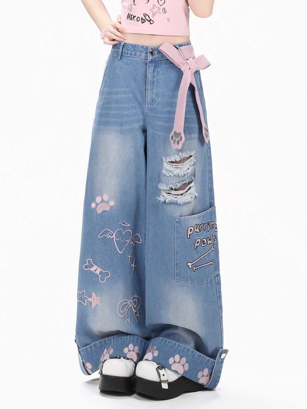 CRAZYGIRL Machine Embroidered Plaid Distressed Loose Fit Women's Denim Straight Jeans