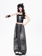 CRAZYGIRL Machine Embroidered Plaid Distressed Loose Fit Women's Denim Straight Jeans
