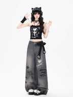 CRAZYGIRL Machine Embroidered Plaid Distressed Loose Fit Women's Denim Straight Jeans