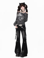 CRAZYGIRL Millennial Punk High Waist Slimming Pockets Women's Washed Denim Flare Pants