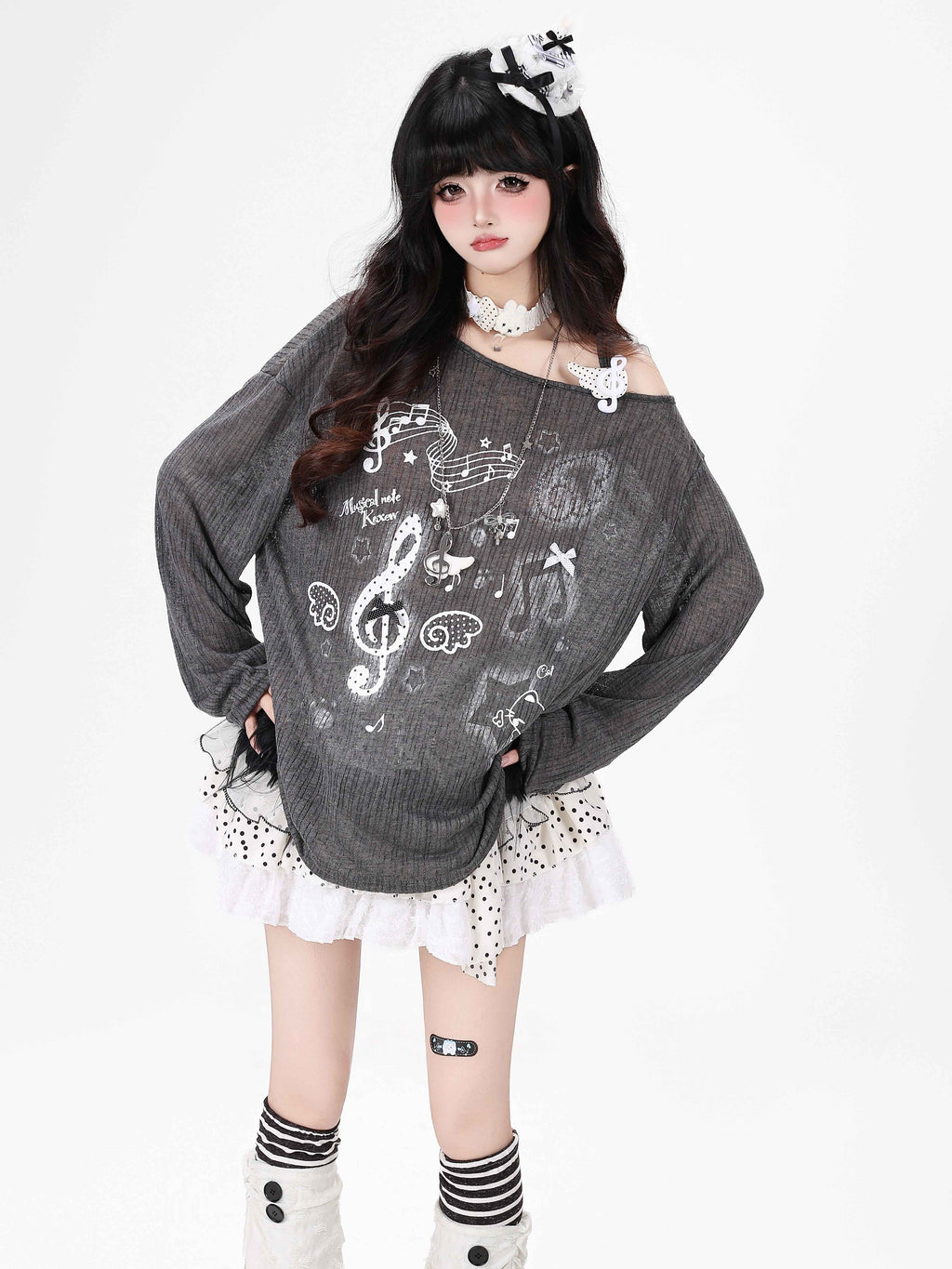 CRAZYGIRL_Music_Note_Star_Print_Cutout_Strap_Pleated_Women's_Long_Sleeve_T-shirts_1063216824727_MISSTT