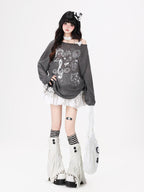 CRAZYGIRL Music Note Star Print Cutout Strap Pleated Women's Long Sleeve T-shirts