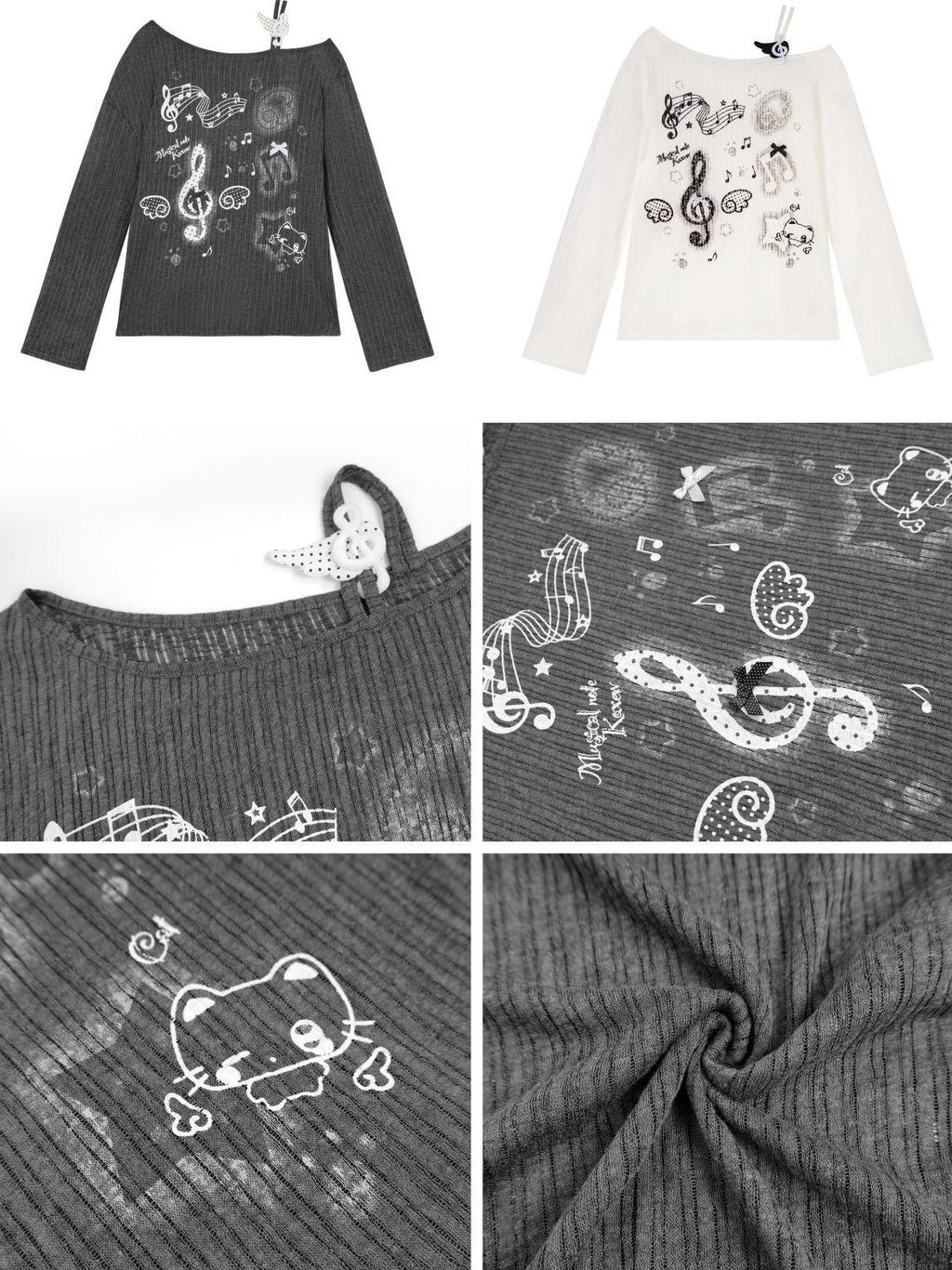 CRAZYGIRL Music Note Star Print Cutout Strap Pleated Women's Long Sleeve T-shirts