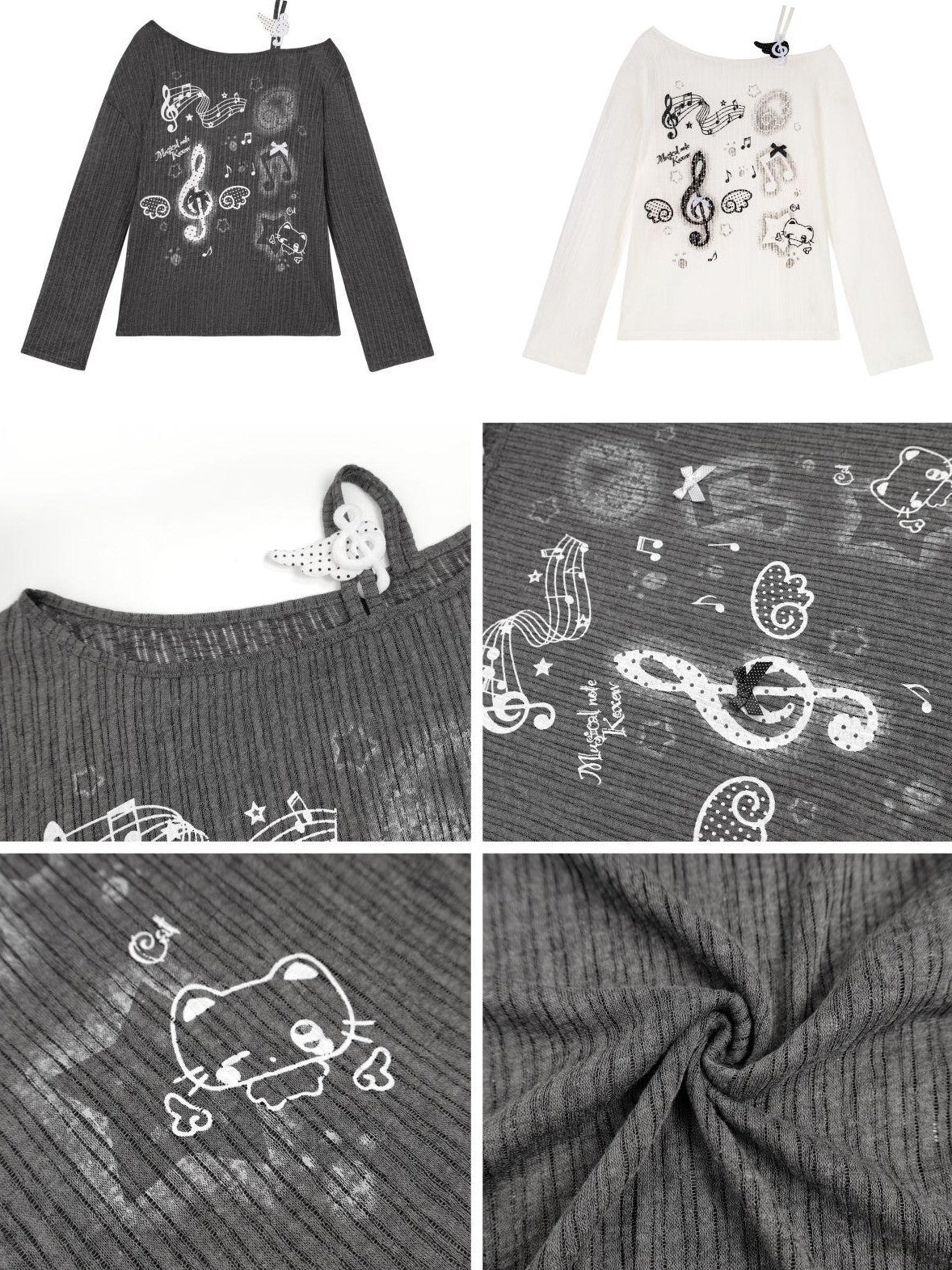 CRAZYGIRL Music Note Star Print Cutout Strap Pleated Women's Long Sleeve T-shirts