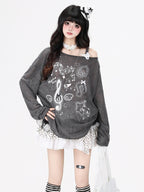 CRAZYGIRL Music Note Star Print Cutout Strap Pleated Women's Long Sleeve T-shirts