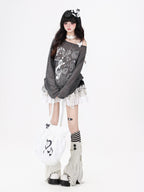 CRAZYGIRL Music Note Star Print Cutout Strap Pleated Women's Long Sleeve T-shirts