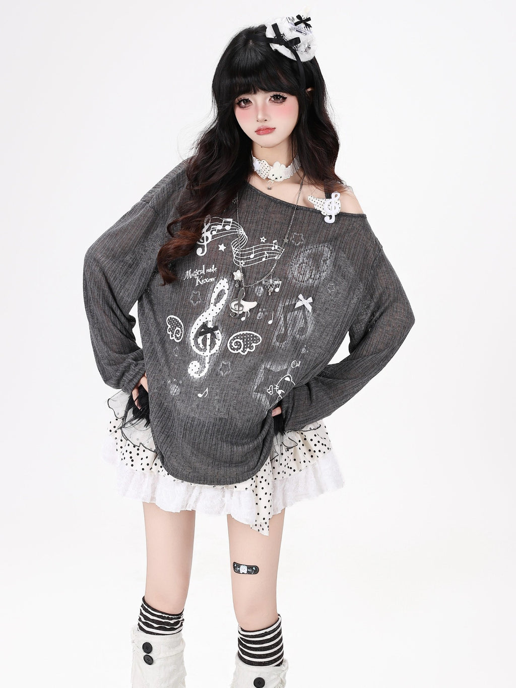 CRAZYGIRL Music Note Star Print Cutout Strap Pleated Women's Long Sleeve T-shirts