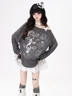 CRAZYGIRL Music Note Star Print Cutout Strap Pleated Women's Long Sleeve T-shirts