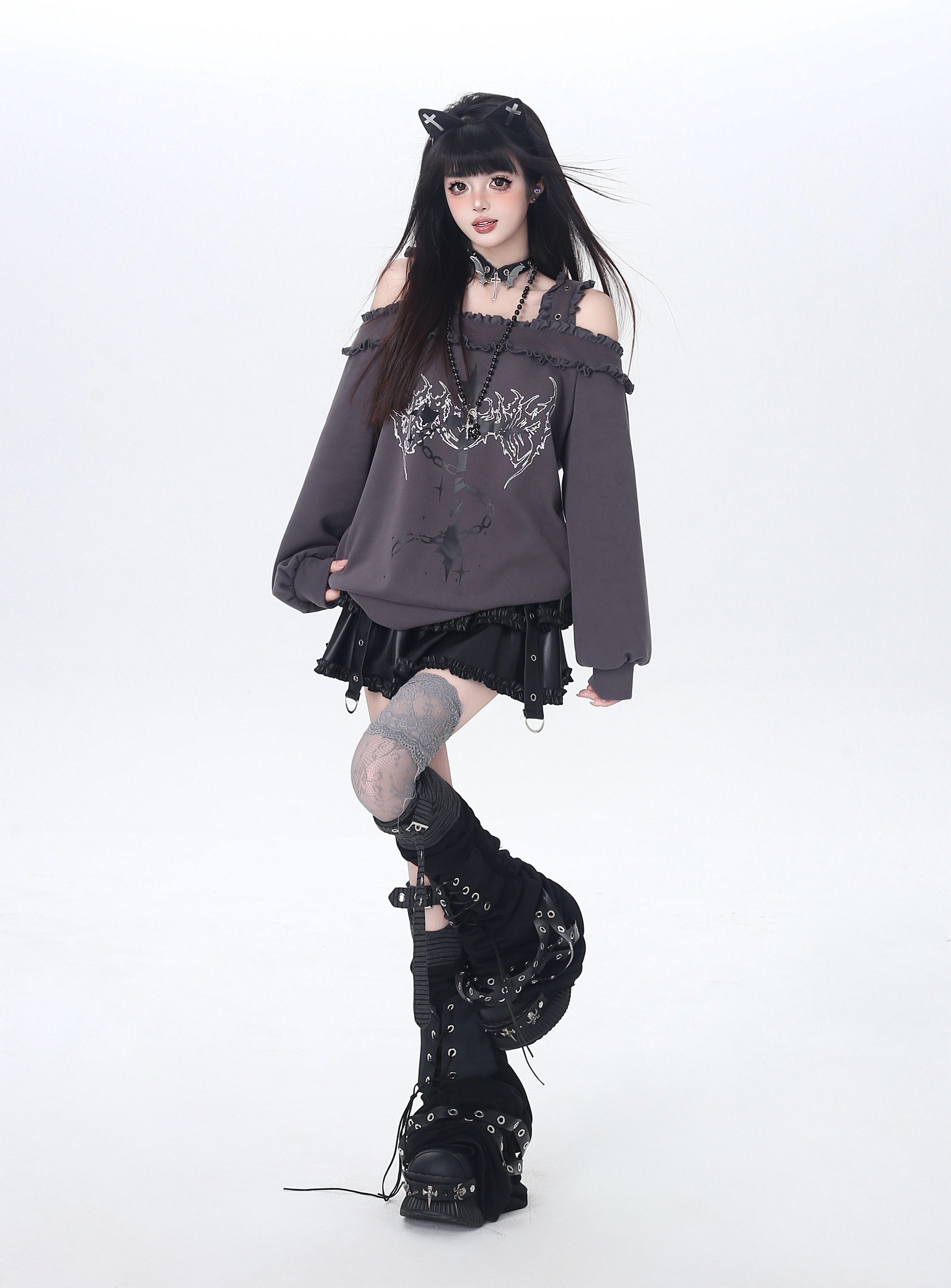CRAZYGIRL_Off_Shoulder_Cross_Lace_Loose_Women's_Other_Material_Sweatshirts_1030953625504_MISSTT