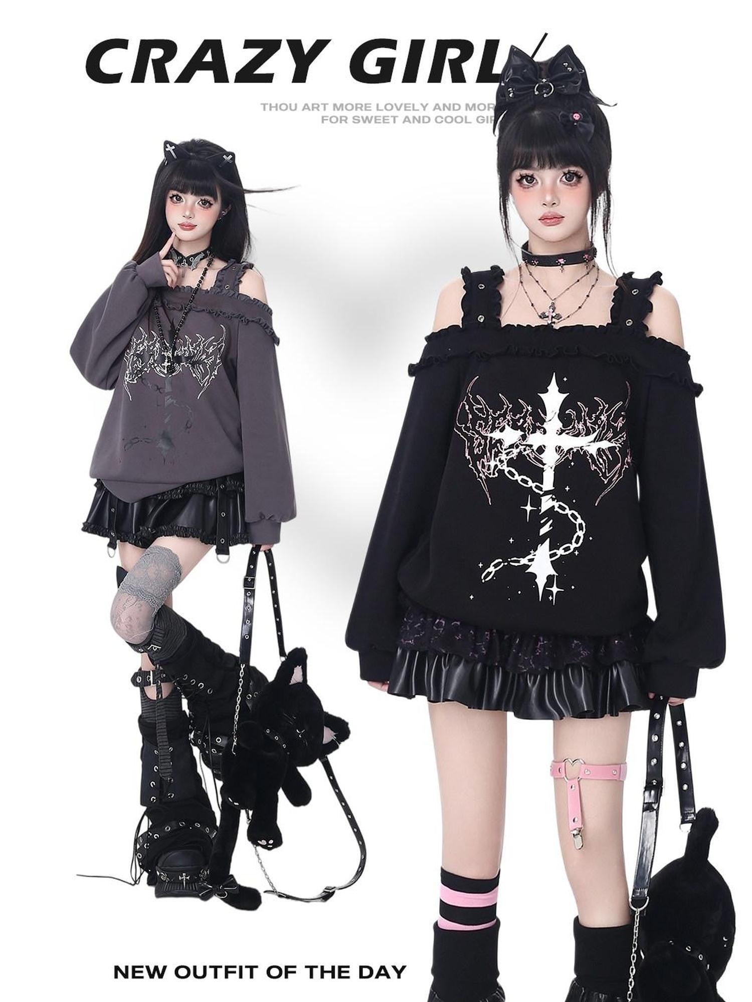 CRAZYGIRL Off Shoulder Cross Lace Loose Women's Other Material Sweatshirts