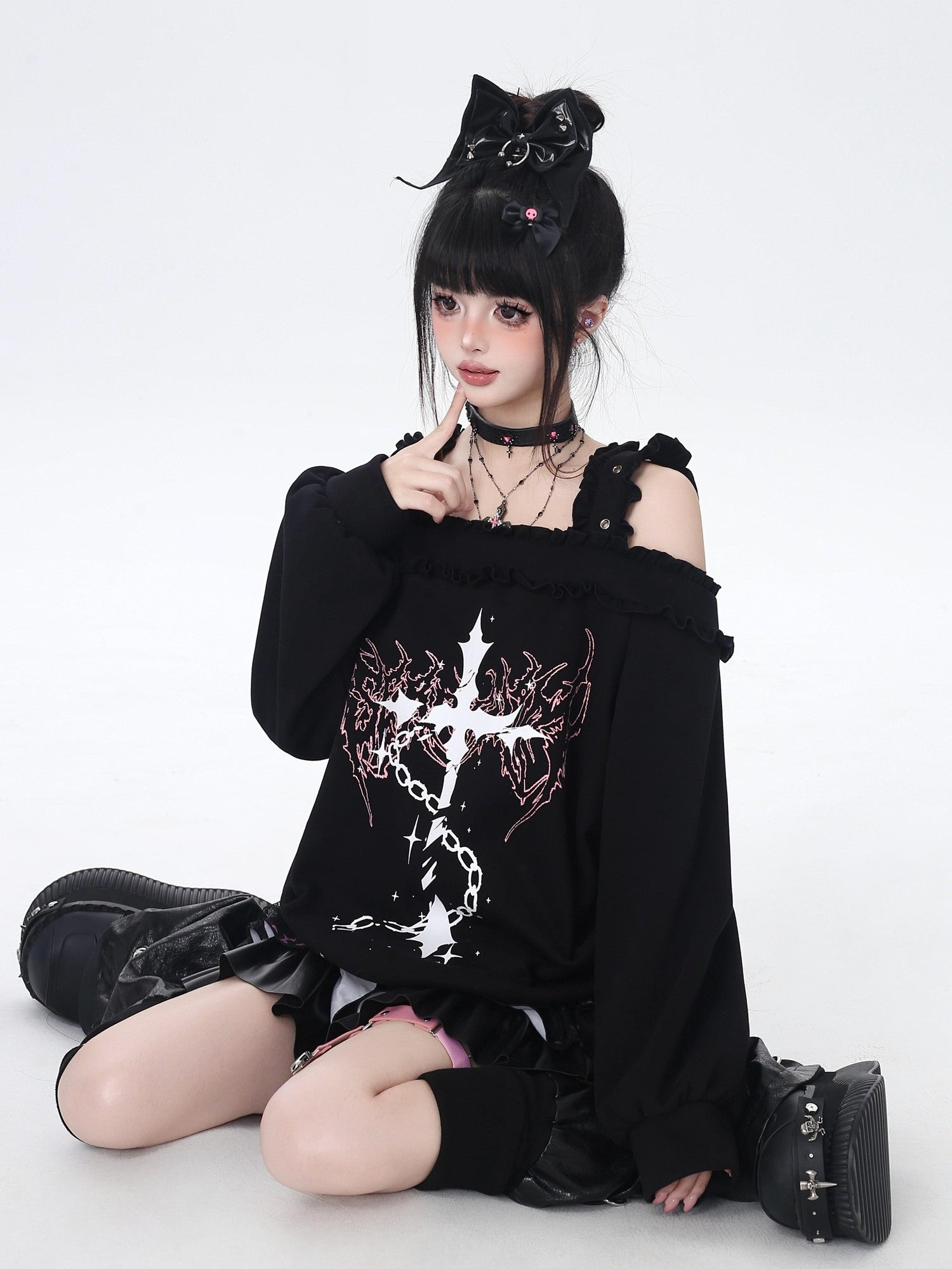 CRAZYGIRL Off Shoulder Cross Lace Loose Women's Other Material Sweatshirts