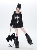CRAZYGIRL Off Shoulder Cross Lace Loose Women's Other Material Sweatshirts