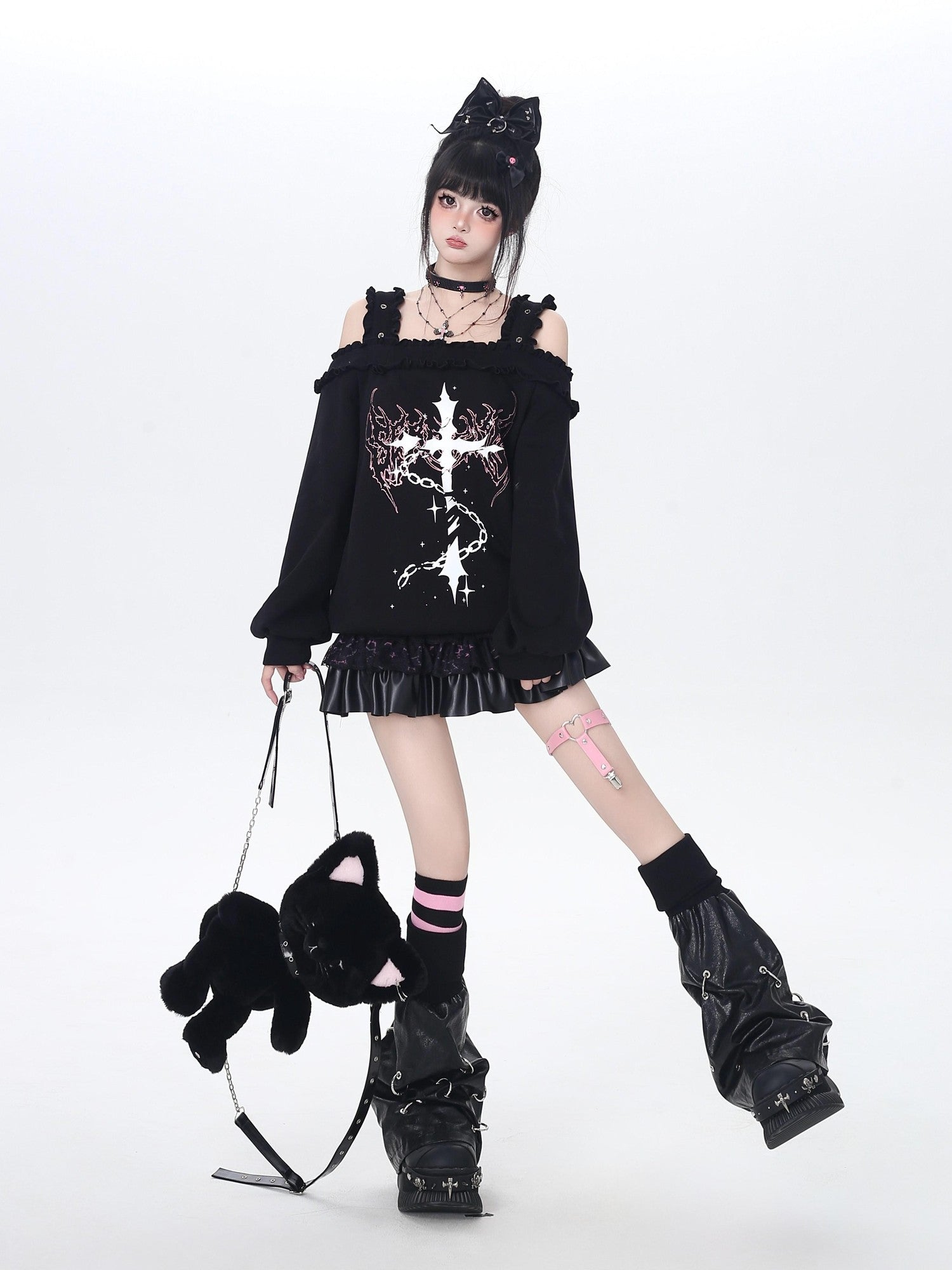 CRAZYGIRL Off Shoulder Cross Lace Loose Women's Other Material Sweatshirts