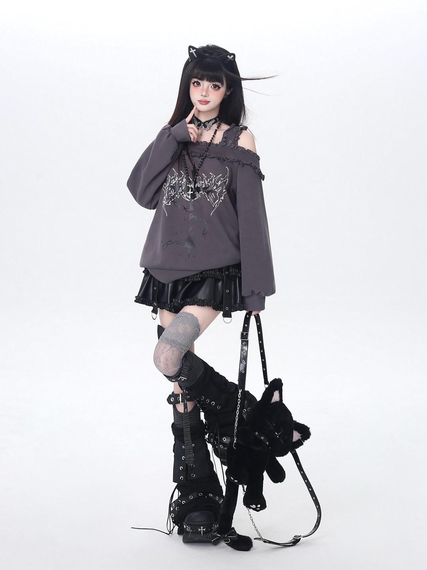CRAZYGIRL Off Shoulder Cross Lace Loose Women's Other Material Sweatshirts