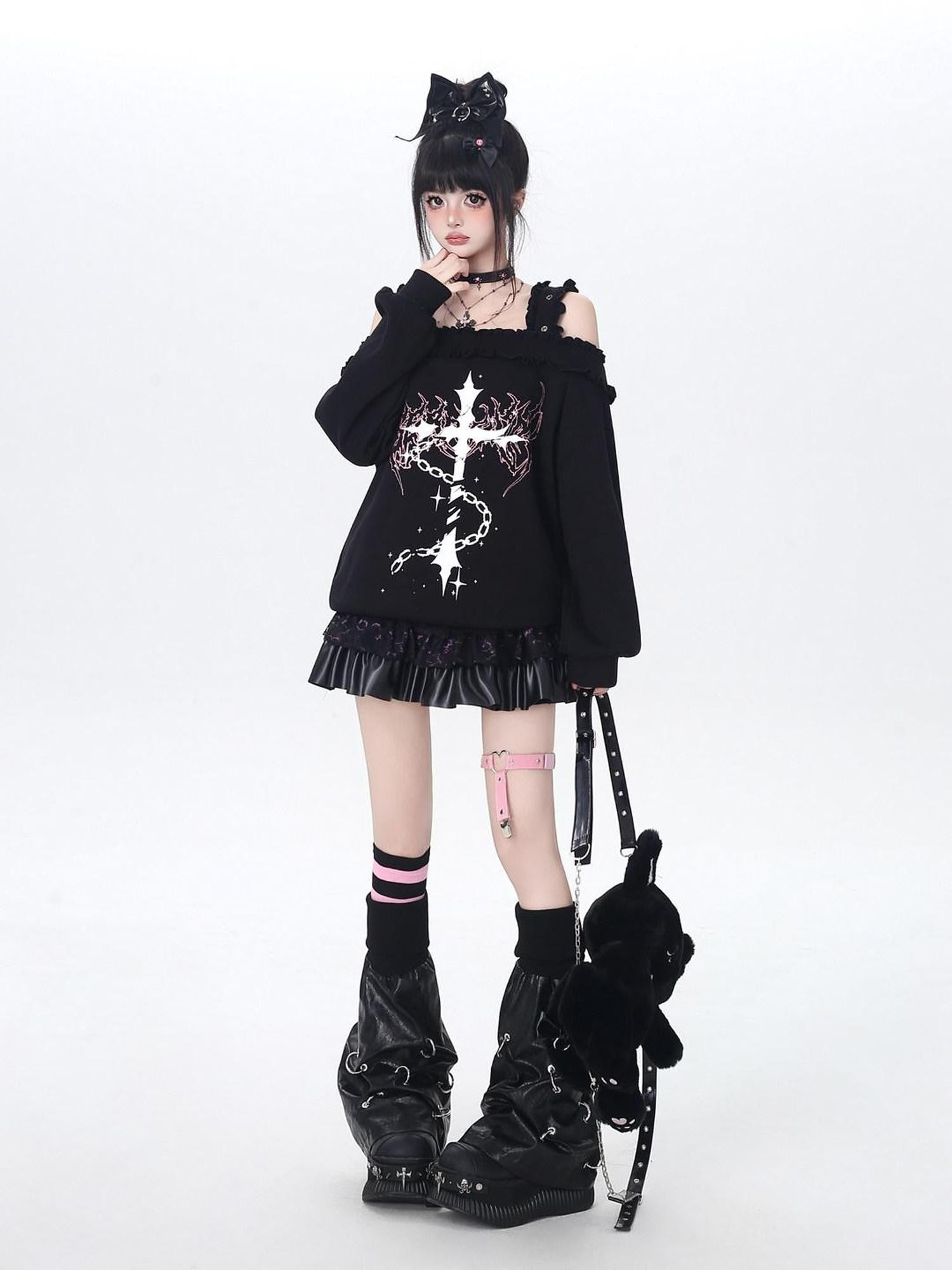 CRAZYGIRL Off Shoulder Cross Lace Loose Women's Other Material Sweatshirts