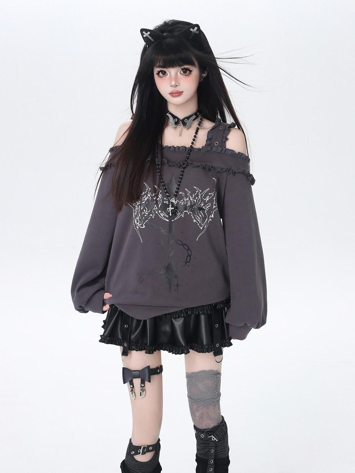 CRAZYGIRL Off Shoulder Cross Lace Loose Women's Other Material Sweatshirts