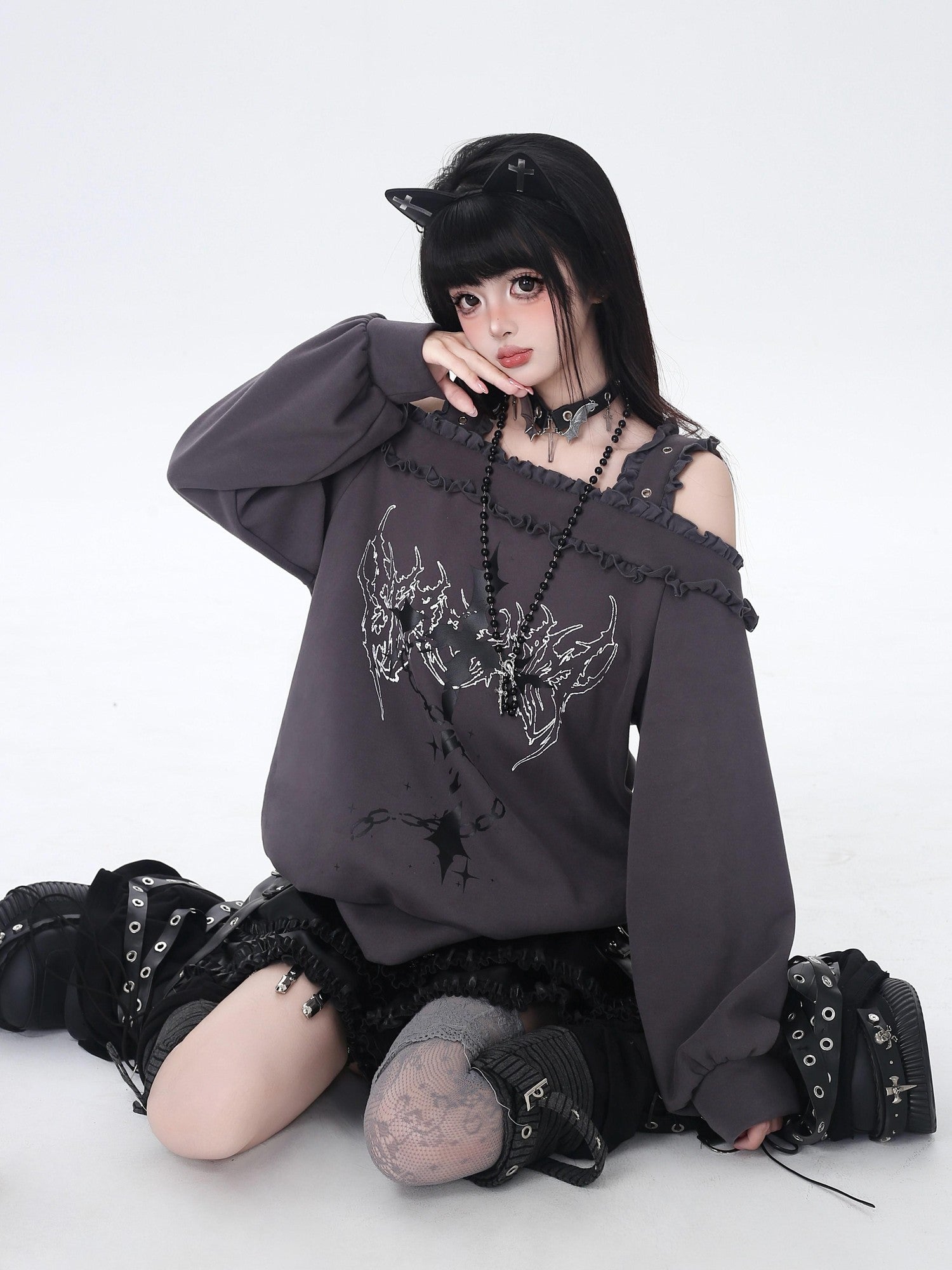 CRAZYGIRL Off Shoulder Cross Lace Loose Women's Other Material Sweatshirts