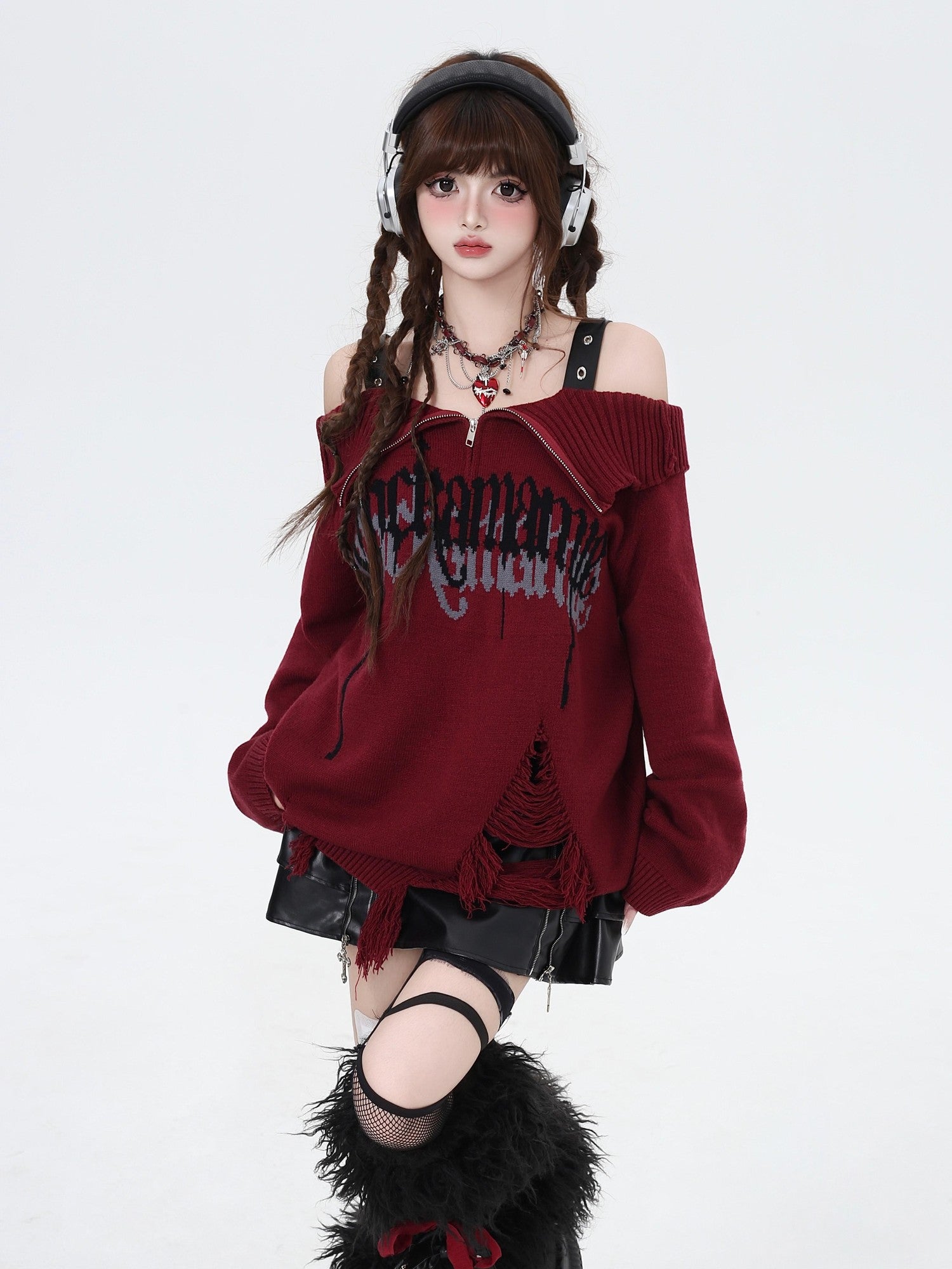 CRAZYGIRL Off Shoulder Lapel Zipper Loose Fit Women's Other Material Sweaters