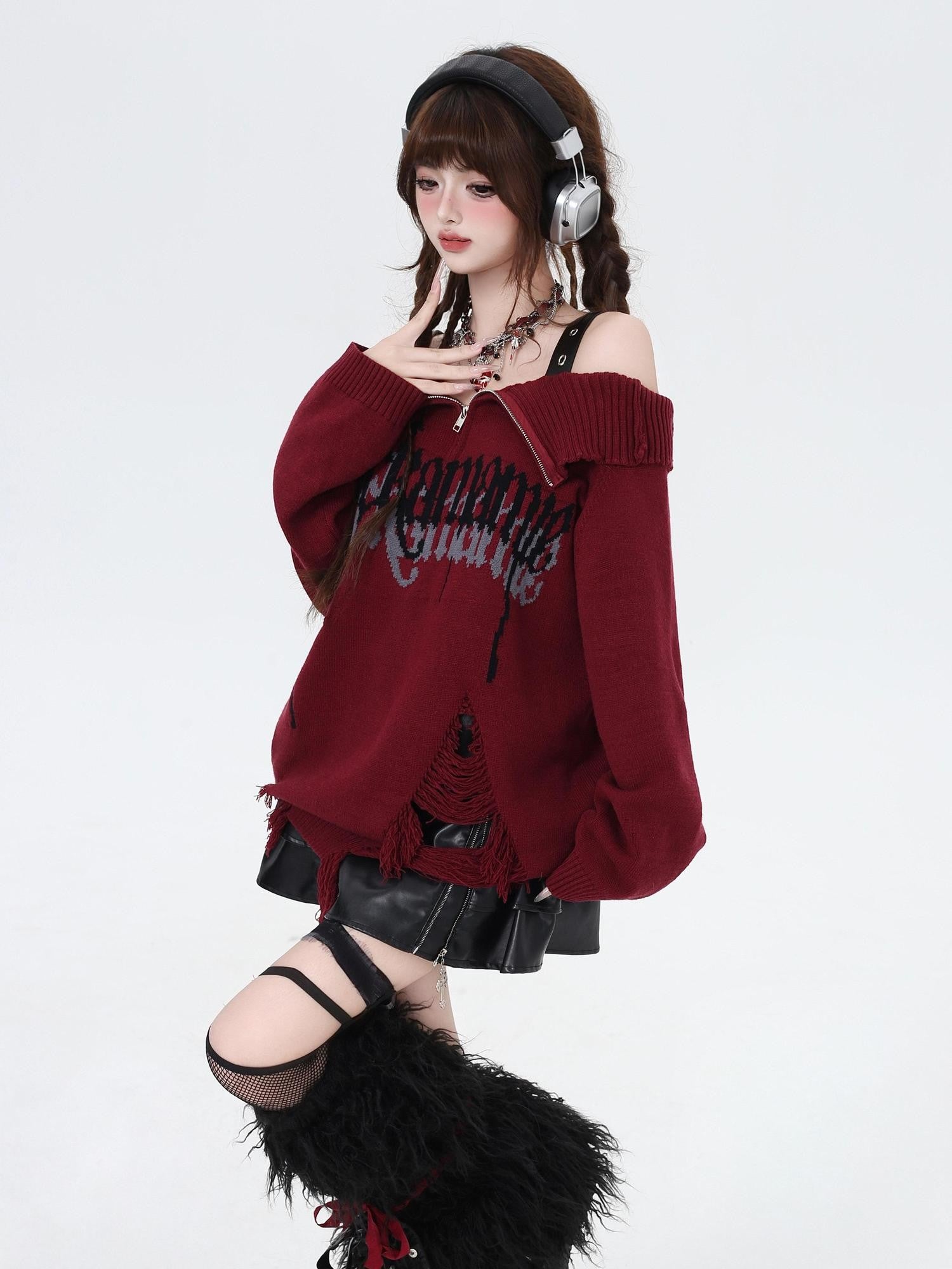 CRAZYGIRL Off Shoulder Lapel Zipper Loose Fit Women's Other Material Sweaters