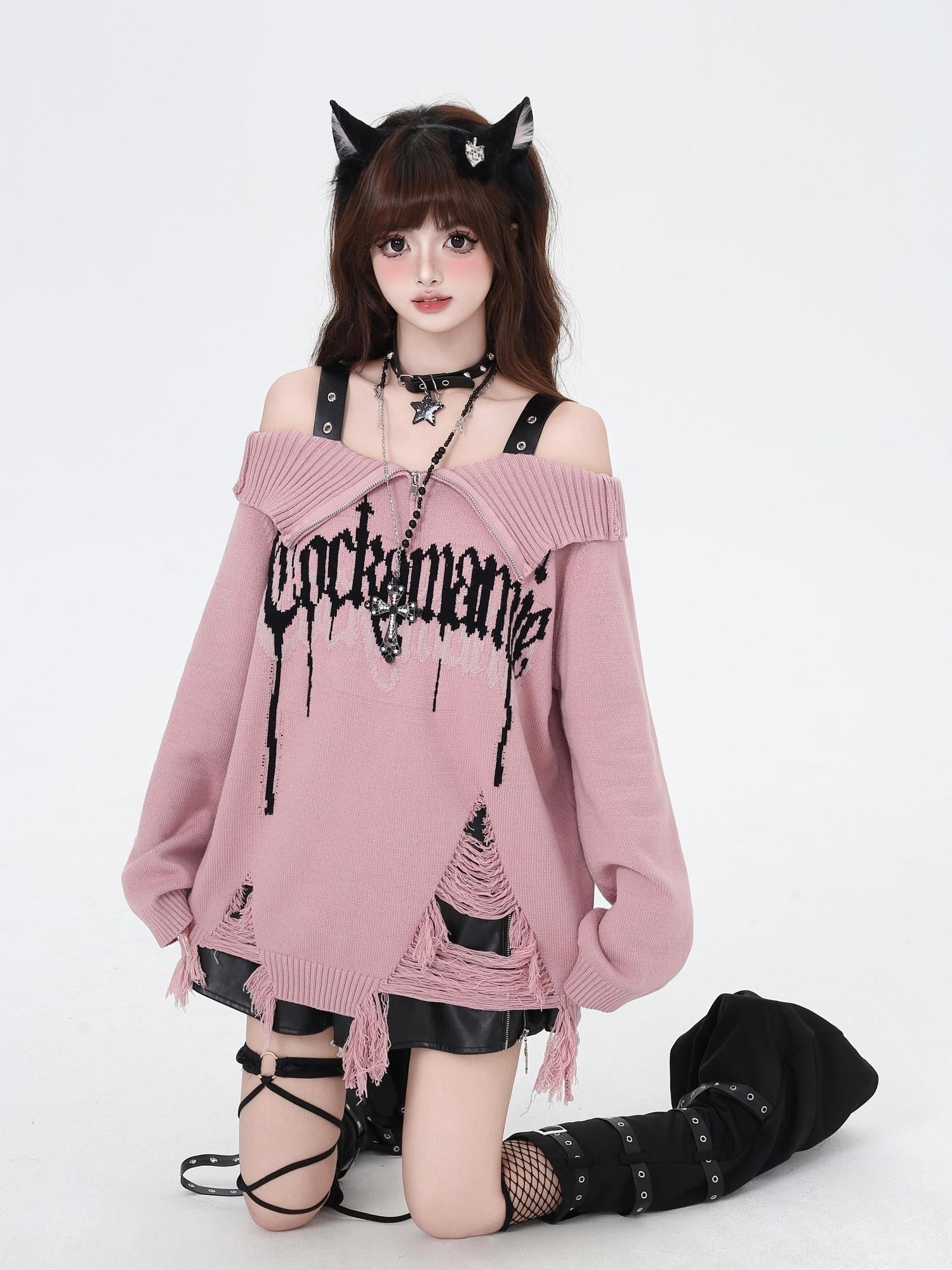 CRAZYGIRL Off Shoulder Lapel Zipper Loose Fit Women's Other Material Sweaters