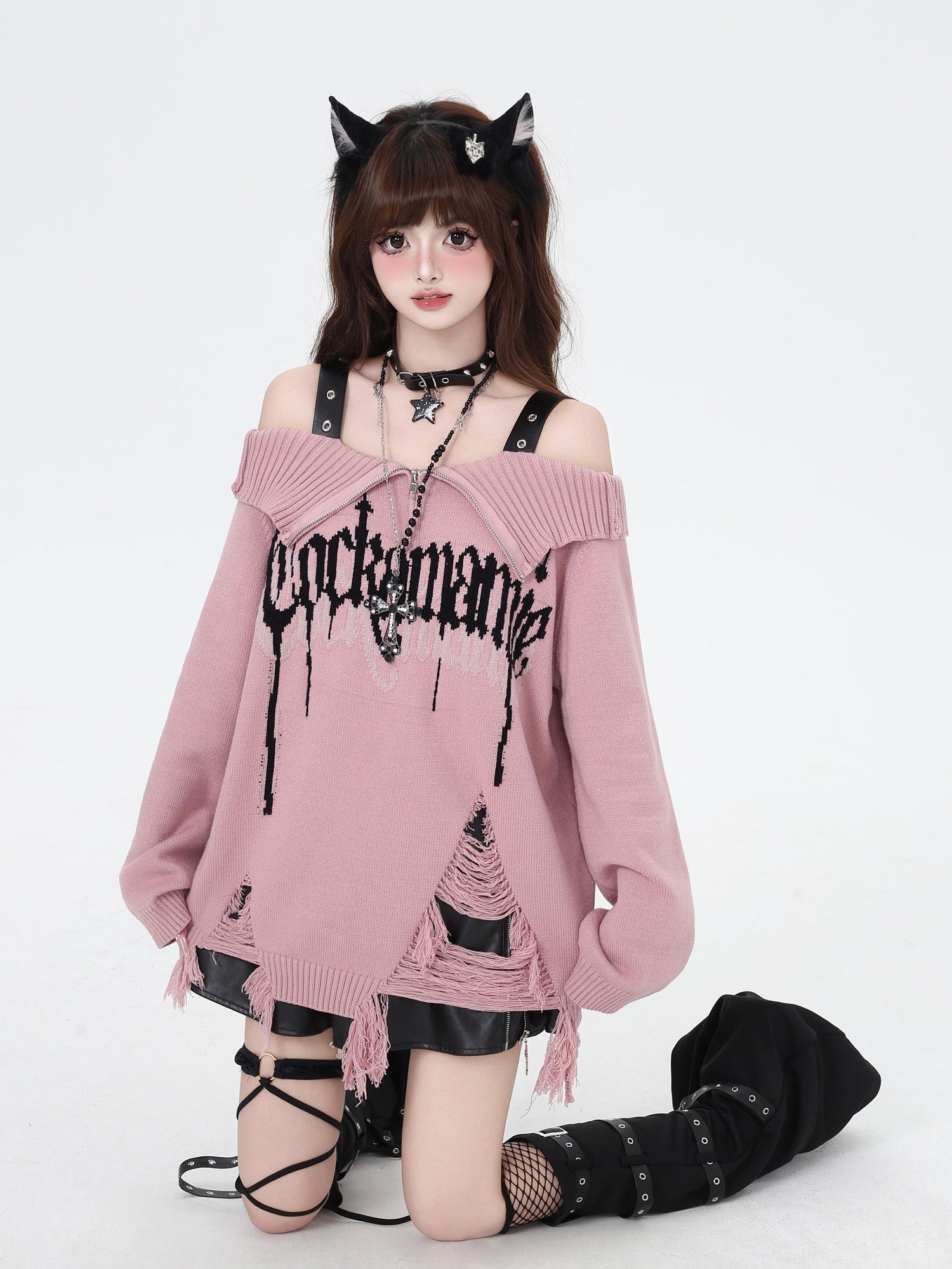 CRAZYGIRL Off Shoulder Lapel Zipper Loose Fit Women's Other Material Sweaters