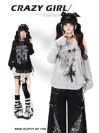 CRAZYGIRL One Shoulder Letter Drawstring Patchwork Women's Long Sleeve T-shirts