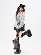 CRAZYGIRL One Shoulder Letter Drawstring Patchwork Women's Long Sleeve T-shirts
