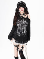 CRAZYGIRL One Shoulder Letter Drawstring Patchwork Women's Long Sleeve T-shirts