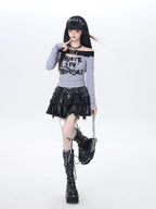 CRAZYGIRL One Shoulder Letter Patchwork Cropped Slim Women's Long Sleeve T-shirts