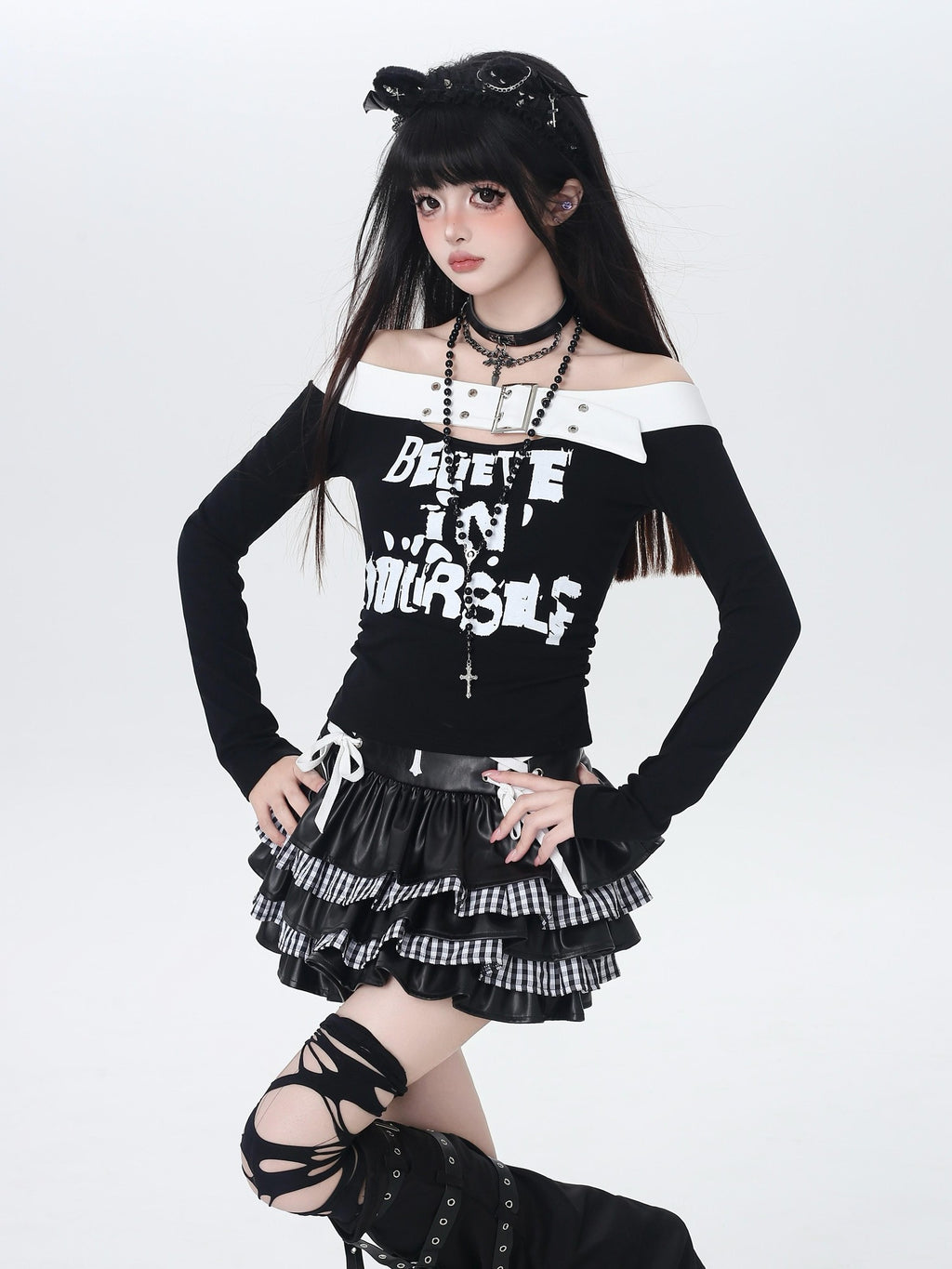 CRAZYGIRL One Shoulder Letter Patchwork Cropped Slim Women's Long Sleeve T-shirts