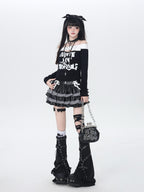 CRAZYGIRL One Shoulder Letter Patchwork Cropped Slim Women's Long Sleeve T-shirts