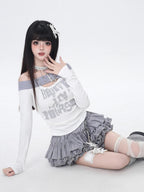 CRAZYGIRL One Shoulder Letter Patchwork Cropped Slim Women's Long Sleeve T-shirts