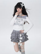 CRAZYGIRL One Shoulder Letter Patchwork Cropped Slim Women's Long Sleeve T-shirts