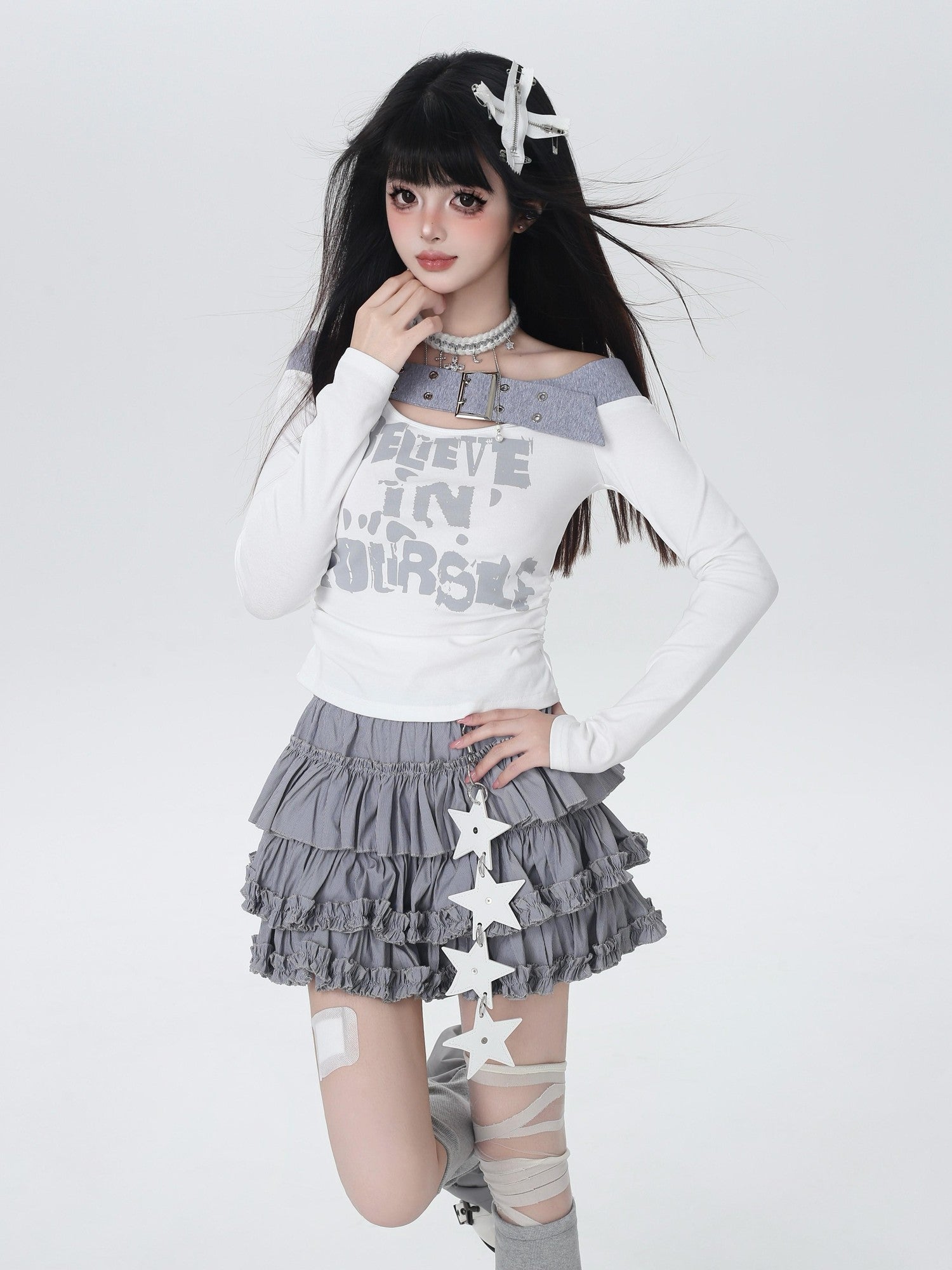 CRAZYGIRL One Shoulder Letter Patchwork Cropped Slim Women's Long Sleeve T-shirts