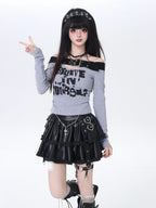 CRAZYGIRL One Shoulder Letter Patchwork Cropped Slim Women's Long Sleeve T-shirts