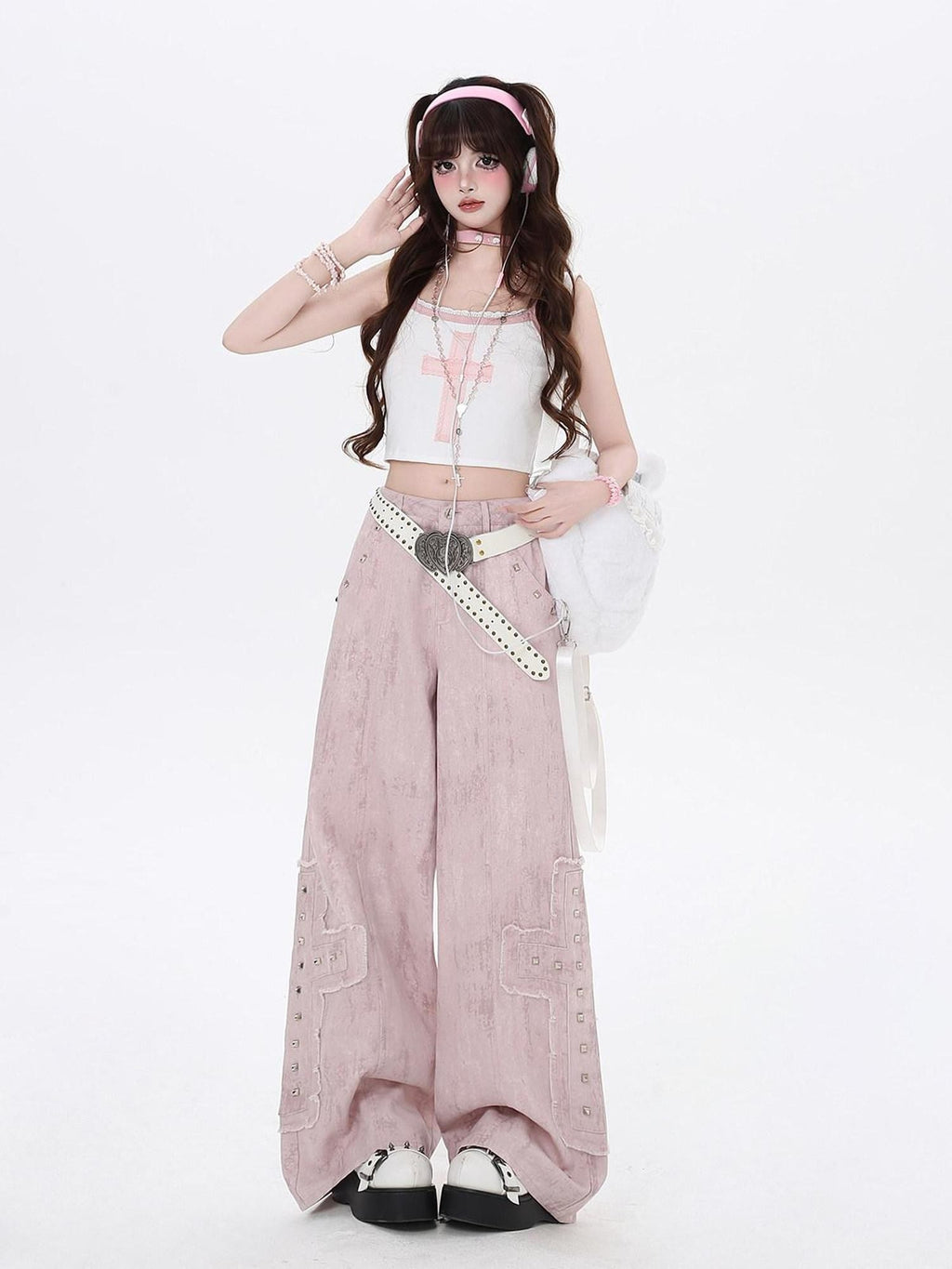 CRAZYGIRL Pale Pink Denim High Waist Cargo Loose Straight Women's Wide-leg Pants