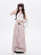 CRAZYGIRL Pale Pink Denim High Waist Cargo Loose Straight Women's Wide-leg Pants